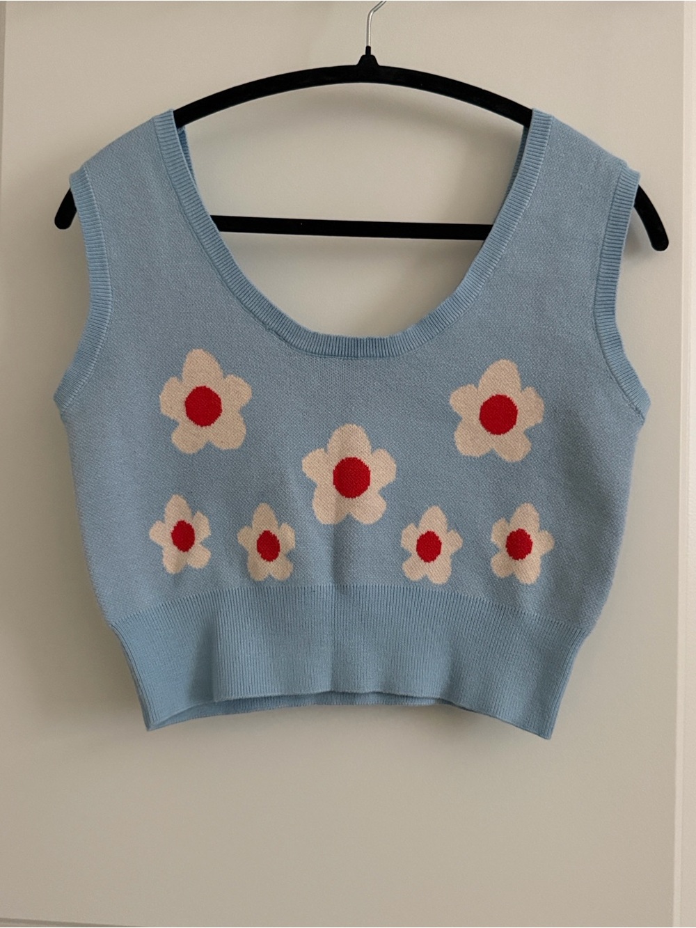 Vintage Blue Daisy Knit Crop Top with Cream Flowers and Red Centers
